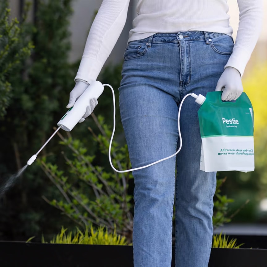 woman spraying house with pestie products